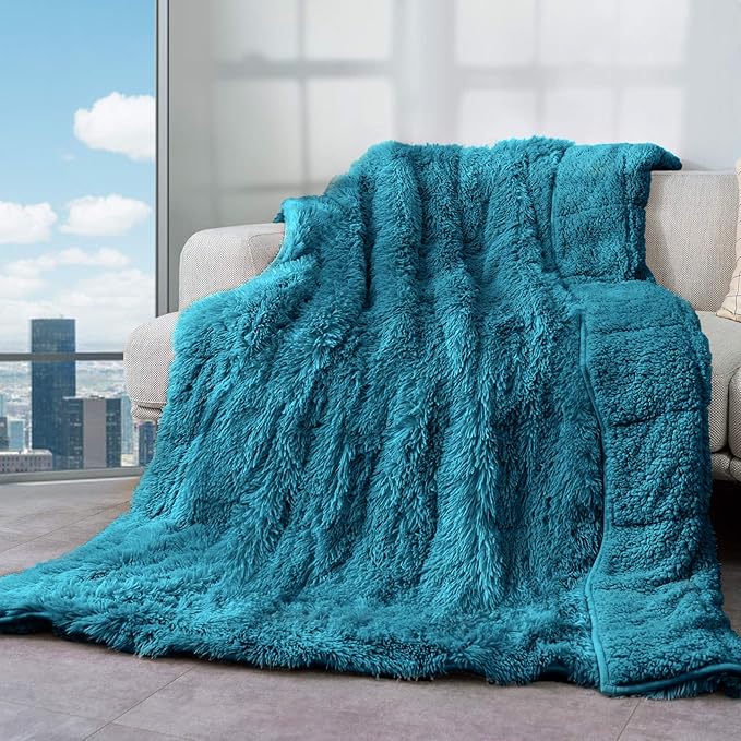 Cottonblue Weighted Blanket 12lbs for Twin Bed, Faux Fur Sherpa Weighted Blanket for Adults, Plush Cozy Bed Blanket with Glass Beads for Calm and Relax,Teal Green, 48x72 inches
