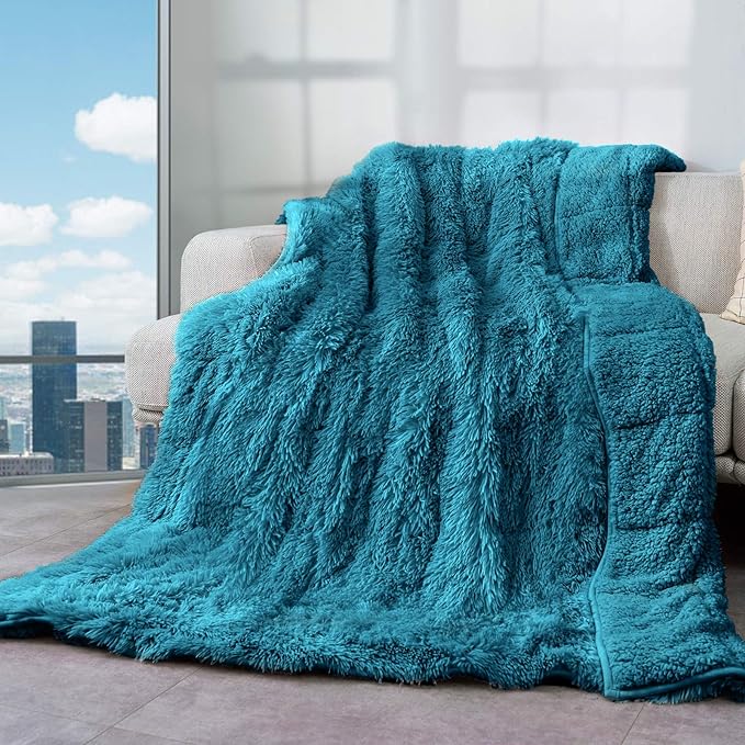 Cottonblue Weighted Blanket 12lbs 60x80 inches for Queen Bed, Faux Fur Sherpa Weighted Blanket for Adults, Plush Cozy Bed Blanket with Glass Beads for Calm and Relax,Teal Green