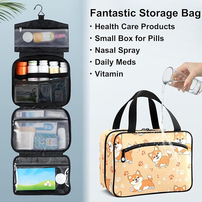 Fustylead Cute Shiba Inu and Paw Prints Travel Pill Bottle Organizer Large Home Storage Medication Bag with Zipper for Vitamins, First Aid, Fish Oil, Medical Supplies