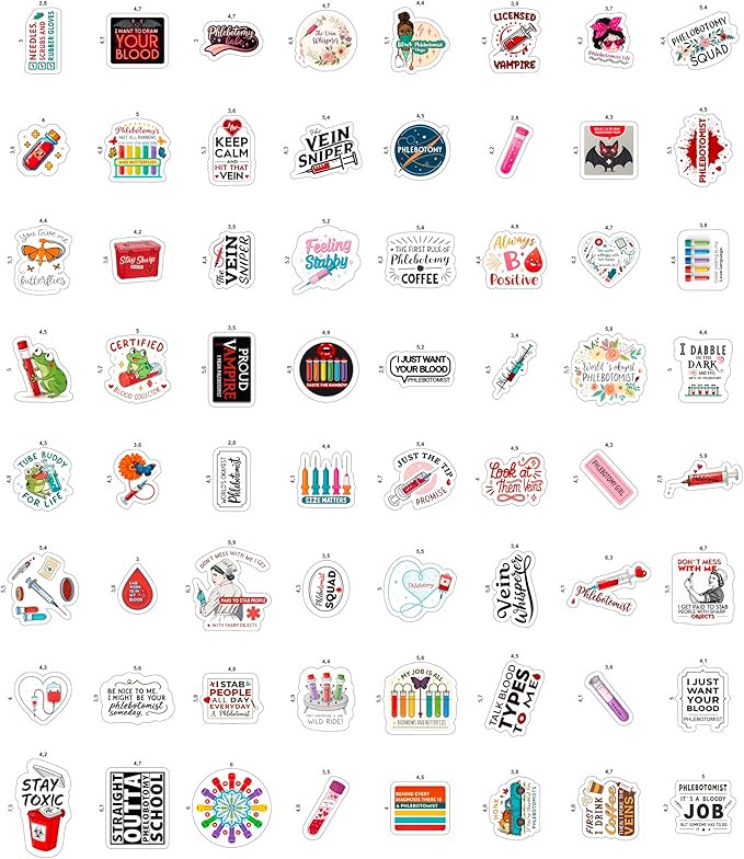 100Pcs Phlebotomy Stickers for Water Bottle, Laptop - Funny Phlebotomy Gifts for Phlebotomist - Phlebotomist Party Supplies & Decorations for Lab Week - Gift for Women & Men