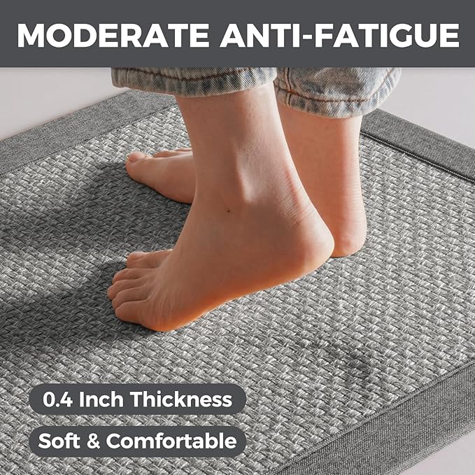 Anti Fatigue Kitchen Rugs Mat Non Slip Washable, 0.4" Thick Soft Cushioned Absorbent Kitchen Mats for Floor, Jute-Like Woven Laundry Standing Mats Sink Mat, Easy Clean Care, Gray 17"x30"
