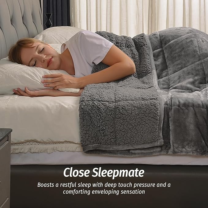 Wemore Sherpa Fleece Weighted Blanket for Adult, 15 lbs Dual Sided Cozy Fluffy Heavy Blanket, Ultra Fuzzy Throw Blanket with Soft Plush Flannel Top, 80 x 87 inches, Grey on Both Sides