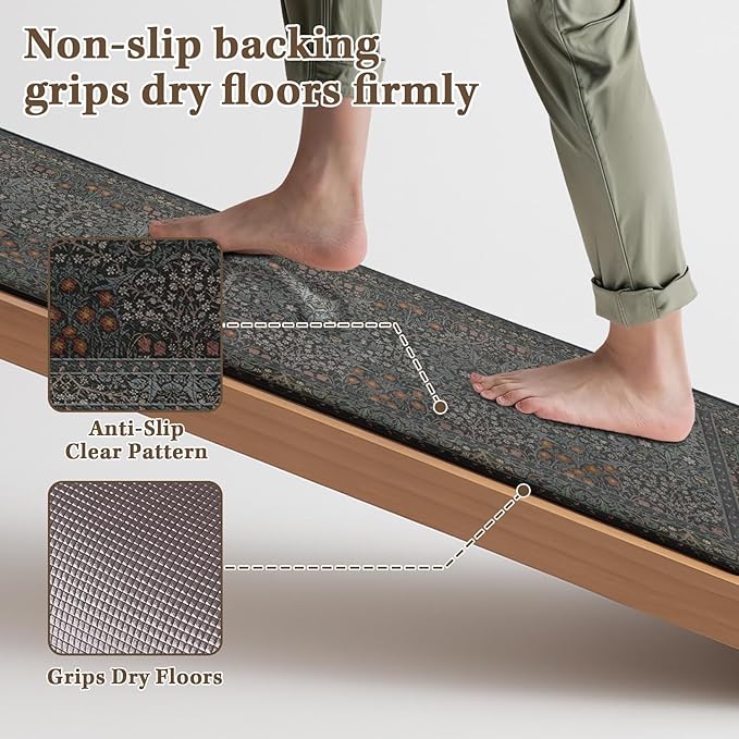 Arttown Kitchen Mats for Floor 2Pcs-Anti Fatigue Non Slip Mats for Kitchen Floor, Cushioned Waterproof & Stain-Resistant Plant Floral Mat Set, Laundry Room, Office, Sink, Desk (Dark Black)