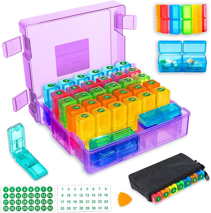 Monthly Pill Organizer 2 Times a Day, Portable AM PM Pill Box with Weekly Travel Bag, Large Capacity Medicine Organizer with Labels, 30 Day Pill Case & Pill Cutter for Medication Management(Purple)