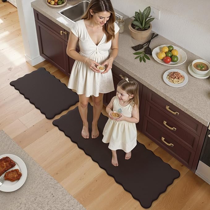 KIMODE Anti Fatigue Kitchen Mats for Kitchen Floor,Scalloped Kitchen Rugs Sets of 2 Non Slip,Cushioned Padded Memory Foam Kitchen Floor Mat Carpet for Office Laundry Sink,Brown