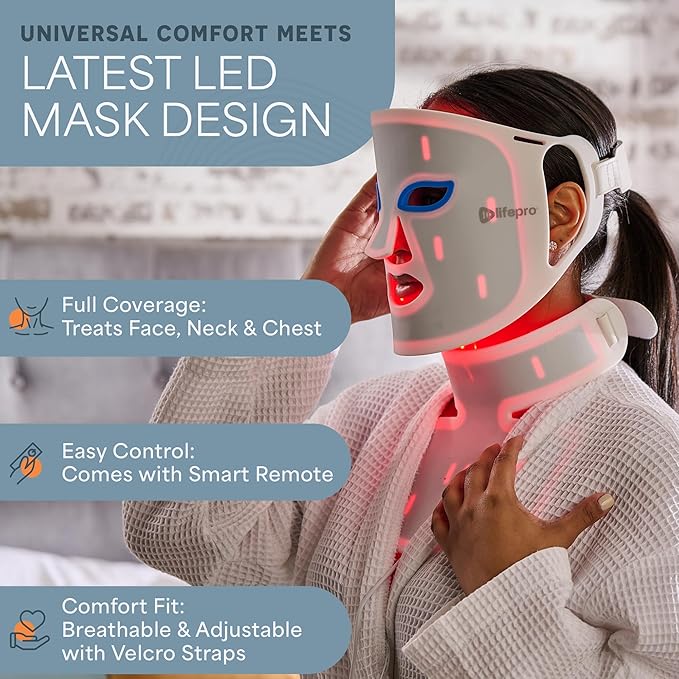 Lifepro Red Light Therapy Mask –Revitaglow Infrared Red Light Therapy for Face and Neck - LED Mask with 3 to 4 Modes – 2000mAh Battery & Auto-Timer - for Daily Skin Wellness and Comfort