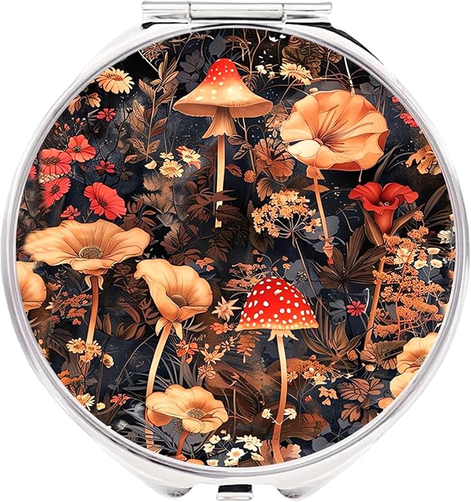 Small Pill Box 3 Detachable Compartments Pill Case with Mirror 2.4inches Pocket Round Medicine Organizer, Mini Portable Pill Organizer for Pocket Purse& Travel Convenience-Vintage Mushrooms