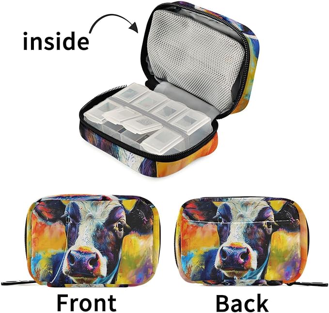 Pill Box Fun Cow 7 Day Pill Case Travel Pill Organizer Bag with Zipper Portable Weekly Vitamin Medicine Supplement Holder Pouch Bag