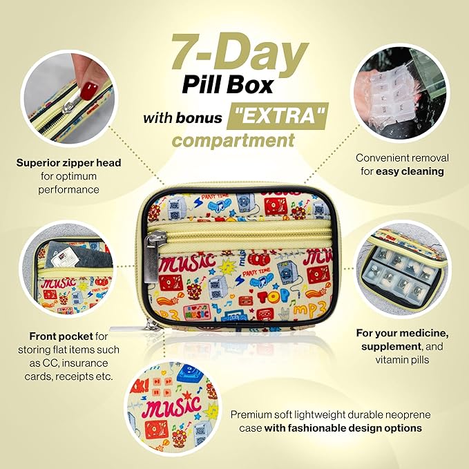 Made Easy Kit Pill Case - Medicine Organizer Box with Removable Seven-Day Vitamin & Supplement – Compact Travel Ready Dispenser in Pouch Holder with Zippered Pocket (Yellow Music Lover)