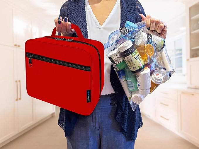 Large Pill Bottle Organizer - 10 Pockets Medicine Bag for Travel & Home Storage - Red