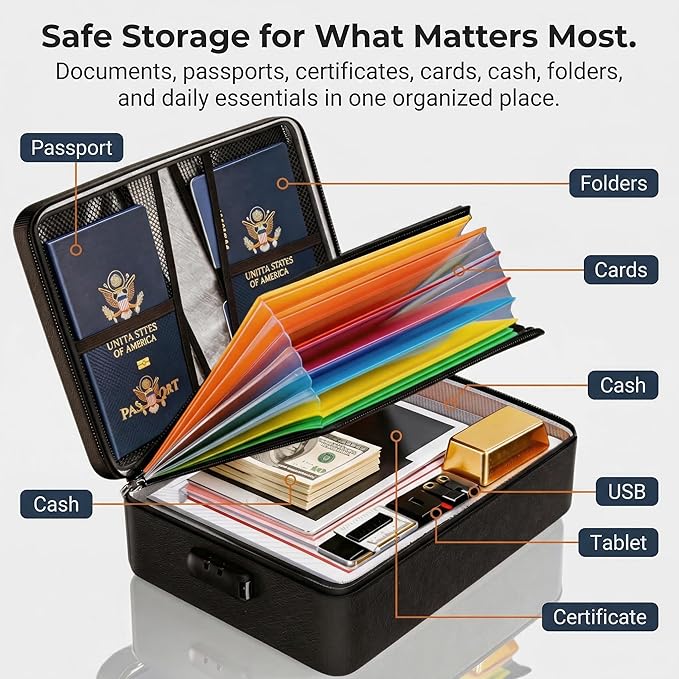 Fireproof Document Box (Soft-Shell) with Lock, 5200°F Fireproof & Water-Resistant File Organizer for Important Documents, Certificates, Passport & 14" Laptop, Home Office Travel