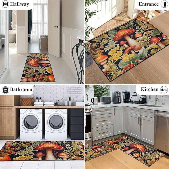 Mushroom Kitchen Mat Set of 2, Kitchen Rugs and Mats Non Slip Washable, Home Decor Low-Profile Kitchen Floor Mat (17”x30“+17''x47'')