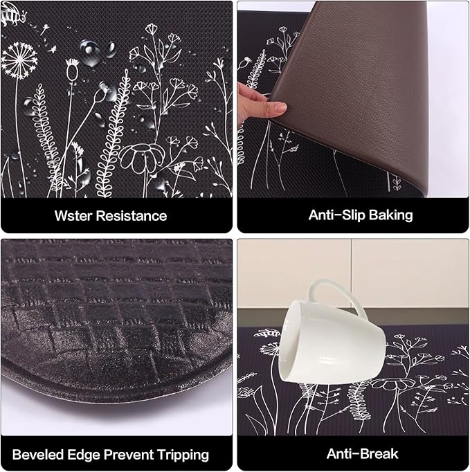 Mirok Washable Anti Fatigue Mat for Cushioned Floor Mat,Floral Plants Bee Non-Skid Ergonomic Comfort Foam Rugs,Non Slip Kitchen Rug(Flowers/Grass,17"x47")