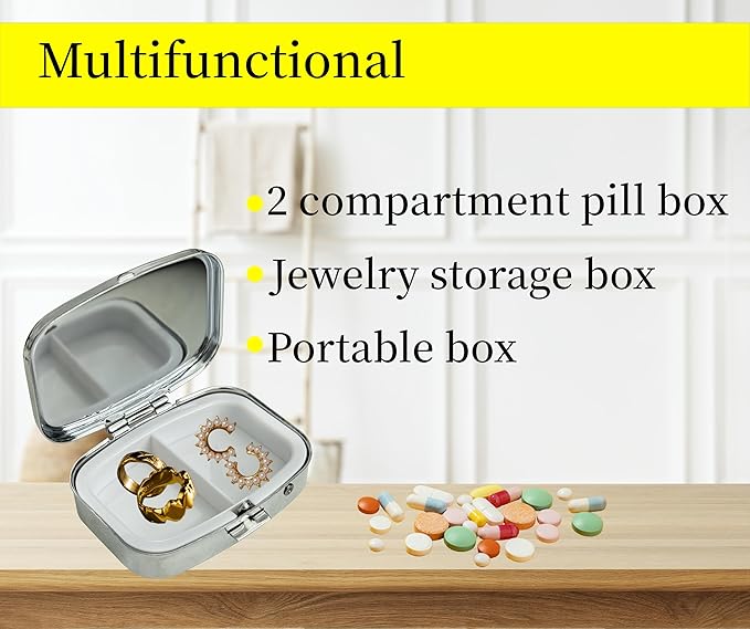 2 Compartment Pill Organizer Metal Portable Pill Box 2 Times a Day for Vitamin,Supplements 80s Retro Radio(Radio02)