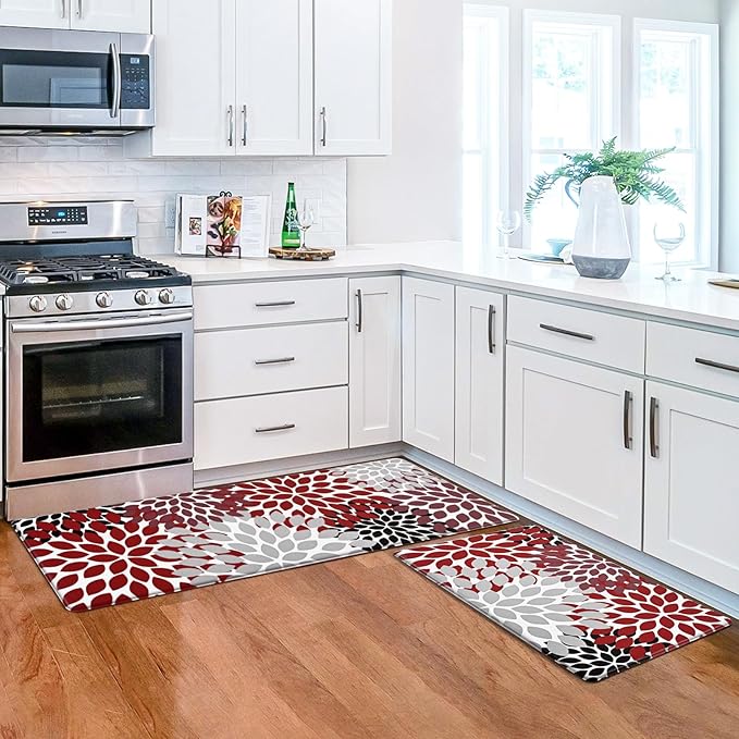 Likiyol Kitchen Rugs Boho Floral Kitchen Mats for Floor Flower Anti Fatigue Mats for Kitchen Floor Cushioned Non Slip Washable Kitchen Mat for Home, Sink, 18''x30''+18''x48'', (Red)