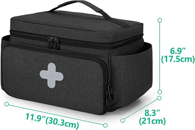 CURMIO Small Medicine Storage Bag Empty, Family First Aid Box, Pill Bottle Organizer for Emergency Medical Supplies, Black (Bag Only, Patent Pending)