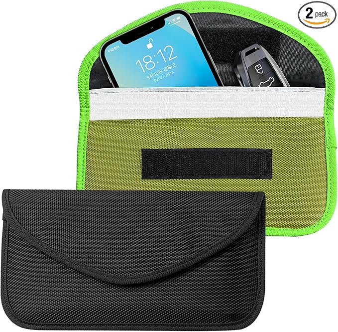 2PCS Faraday Bags for Car Key and Cell Phone, Signal Blocking Bag, Faraday Key Fob Protector, Universal Cell Phone Privacy Card Protection Car Accessories for Anti-Thefting (Black+Green)