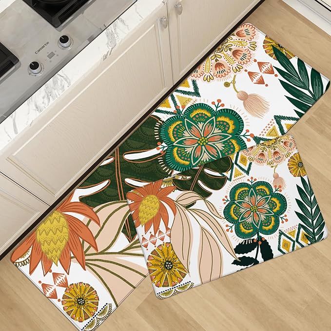 Boho Floral Kitchen Rugs Sets of 2 Anti Fatigue Cushioned Long Kitchen Mats for Floor Farmhouse Kitchen Rugs Non Slip Waterproof Mid Century Botanical Comfort Standing Mat for Sink Laundry