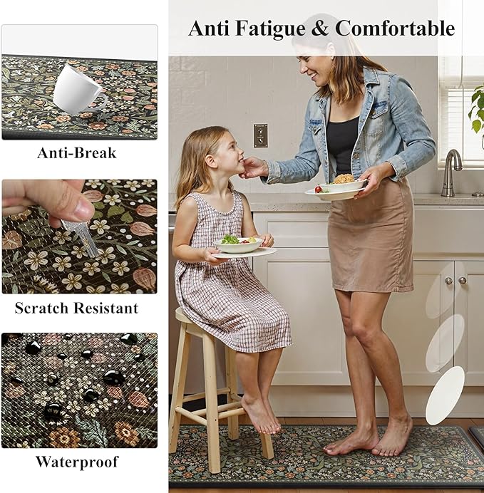 Collive Kitchen Mats for Floor, Cushioned Anti Fatigue Mat Black Floral Rugs Non Skid Waterproof Sink Rug, Memory Foam Comfort Standing Mat for Office, Laundry, Desk, 24''x71''