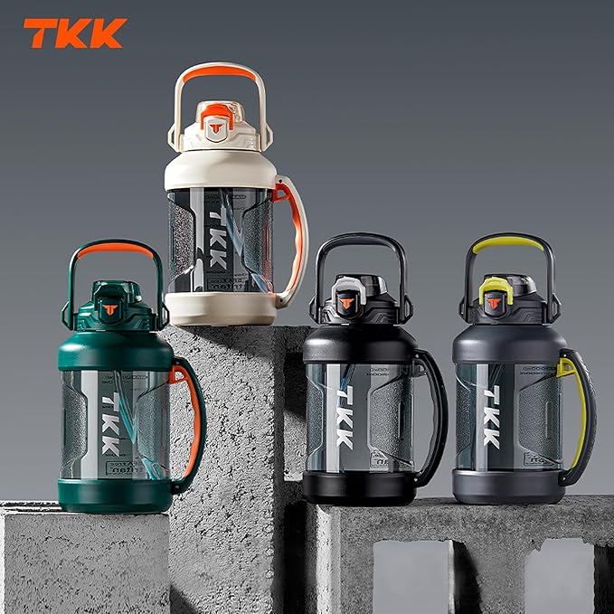 TKK Half Gallon Water Jug Sport Bottle with Straw 2 in 1 Lid Dishwasher Safe BPA Free Leakproof Large Capacity Tritan Plastic Bottle 1/2 Gallon 64oz Water Bottle for Gym Travel Camping Outdoor, Gray