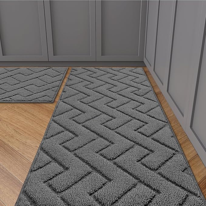 hicorfe Kitchen Rugs and Mats Sets,2 Pieces Super Absorbent Polypropylene Non-Slip Rug,Soft Comfort Floor Mat,Machine Washable for Kitchen,Hallway,Office,Sink,Laundry(20" x 32"+20" x 59",Grey)