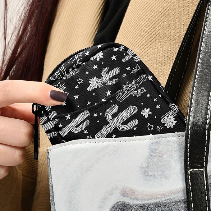 Fustylead Black and White Western Cactus Themed Pill Organizer for Purse, Weekly Portable Pill Box with Zipper to Storage Vitamins Fish Oils Medications Supplements