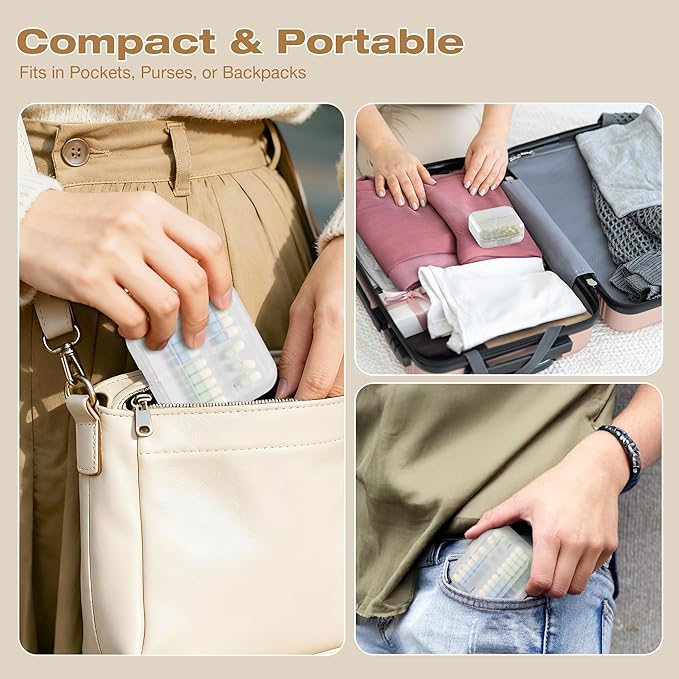 Small Travel Pill Box, Double Layer 7-Compartments Pill Organizer, 3.1" x 3.1" x 1.4" Portable Weekly Pill Case Container for Pocket, 7 Day Compact Medicine Holder for Vitamins, Fish Oils Clear