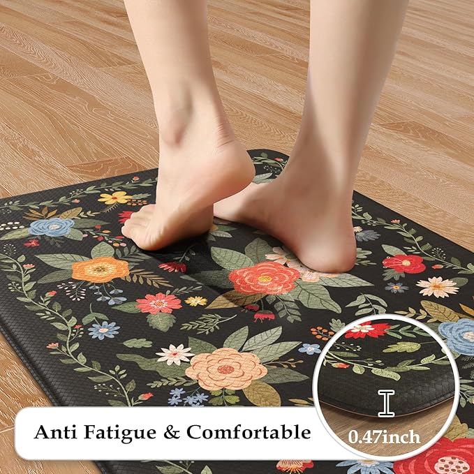 KIMODE Kitchen Mats Cushioned Anti Fatigue, Black Floral Kitchen Rugs Sets of 2, Padded Kitchen Floor Mats Non Slip, Comfort Foam Standing Mats for Laundry Office Sink Desk 17"x47"+17"x29"