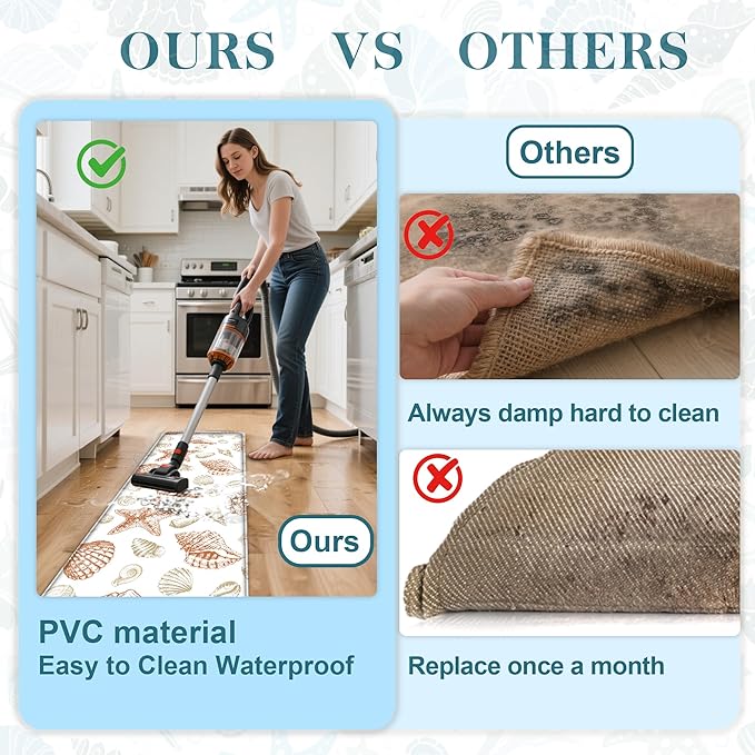 Kitchen Mats for Floor Cushioned Anti Fatigue Sets of 2 Beach Theme Kitchen Rugs Non Slip Waterproof Coastal Foam Kitchen Floor Rug Nautical Seashell Comfort Standing Mat For Sink Laundry, Coral