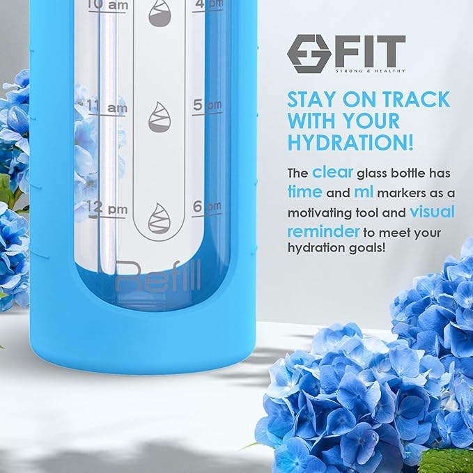 FIT Strong & Healthy 32 oz Glass Water Bottle with Straw Lid - Wide Mouth Borosilicate Glass Water Bottles with Time Marker, Silicone Sleeve & Extra Lid - 1L Large Motivational Drinking Bottle