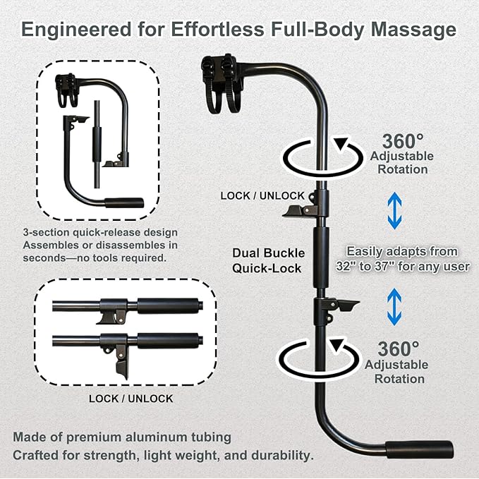 Adjustable Massage Gun Holder with 32"-37" Length Range for Back, Neck, and Shoulders – Compatible with Most Massage Guns, Ergonomic Design for Hard-to-Reach Areas, Ideal Gift for Women and Men