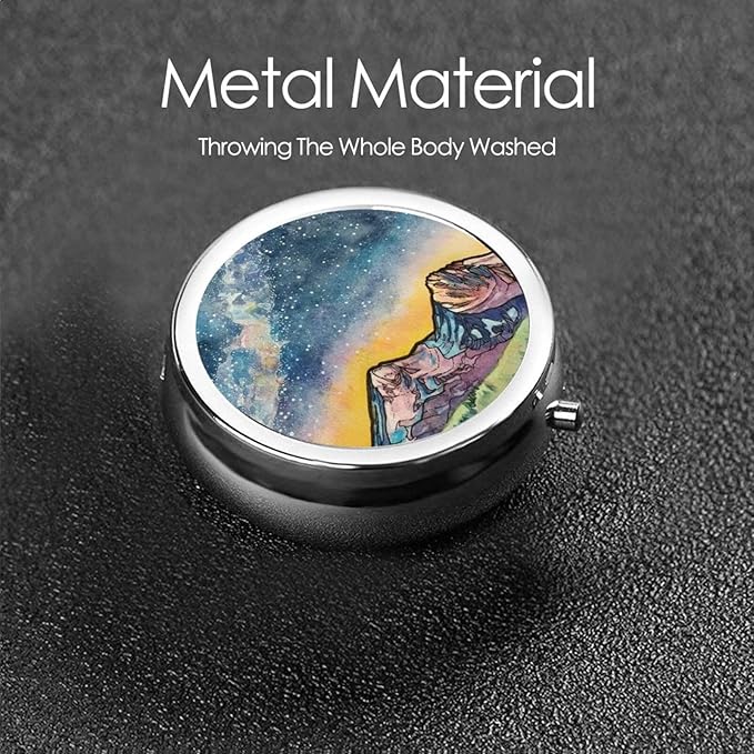 Metal Silver 3 Compartment Pill Box Pocket Portable Mini Travel Pill Case Small Round Decorative Medicine Box Vitamin Pill Organizer with Starry Sky Mountain