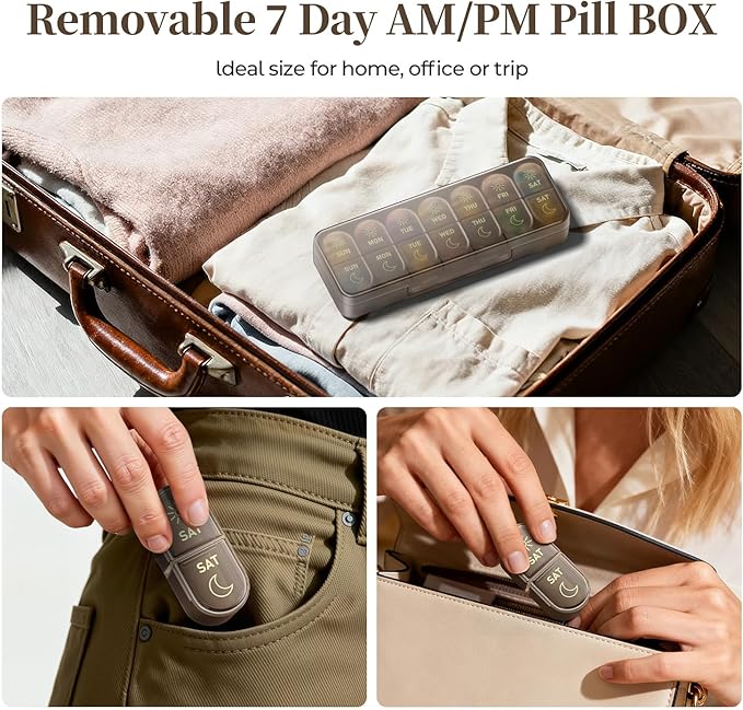 Betife AM PM Pill Organizer 7 Day, Weekly Pill Organizer 2 Times a Day, Daily Pill Box AM PM, Portable Travel Medicine Case, Day and Night Pill Container for Medication, Vitamin or Supplement（Brown）