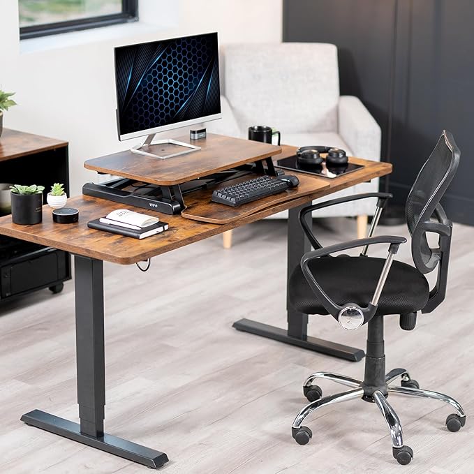 VIVO 26 inch Desk Converter, K Series, Height Adjustable Sit to Stand Riser, Dual Monitor and Laptop Workstation with Keyboard Tray, Rustic Vintage Brown Top, Black Frame, DESK-V026KN