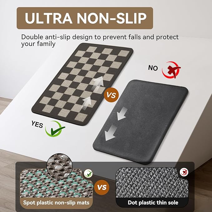 Kitchen Mats for Floor, Super Absorbent Kitchen Rugs Non Slip Washable, Linen-Look Woven Cushion Kitchen Runner Rug, Kitchen Sink Standing Mat, Black Beige Checkered 17"x30"