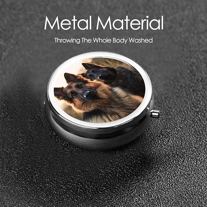 Pill Box 3 Compartment Medicine Pill Organizer Animal German Shepherd Round Pill Case for Purse & Pocket Travel Pillbox Portable Metal Medicine Vitamin Fish Oil Organizer Unique Gift