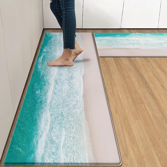 Arttown Summer Beach Sea Ocean Anti-Fatigue Kitchen Rug Set of 2 Blue Teal Cushioned Floor Standing Mat Waterproof Non-Slip Kitchen Mat and PVC Ergonomic Comfort Foam Rug