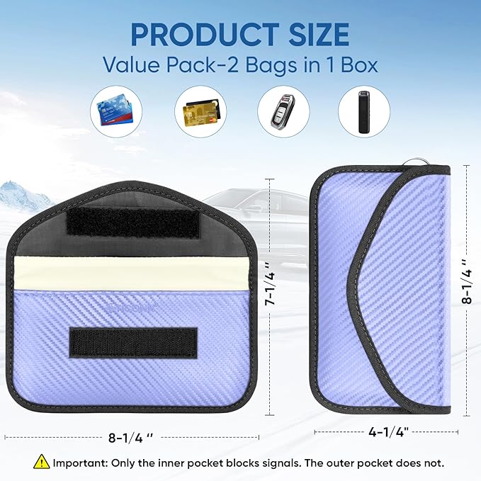 TICONN 2PK Faraday Bags for Car Keys Fob, 7.75"X4.25" Faraday Cage Protector, Car RFID Signal Blocking, Anti-Theft Pouch Anti-Hacking Case Blocker (Blue, L)