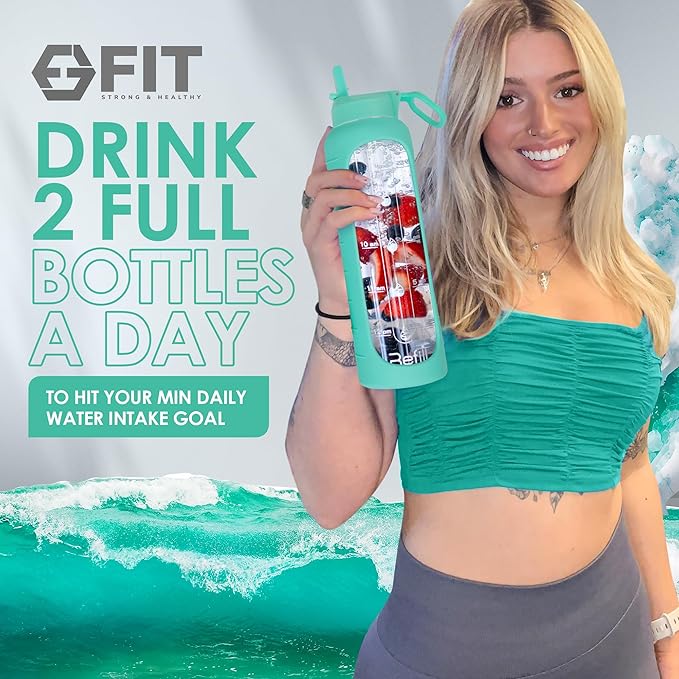 FIT Strong & Healthy 32 oz Glass Water Bottle with Straw Lid - Wide Mouth Borosilicate Glass Water Bottles with Time Marker, Silicone Sleeve & Extra Lid - 1L Large Motivational Drinking Bottle