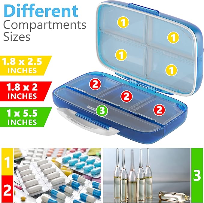 Moisture Proof Pill Sorter Organizer Box Dispenser Home Supplement Holder Portable Vitamin Jumbo Size 8 Compartment Airtight Travel Pill Container Daily Medicine
