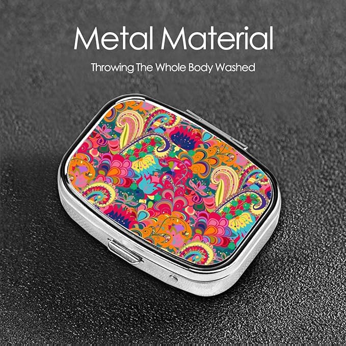 60s 70s Hippie Flowers Peace Sign Love Symbol Metal Iron Plating Square Pill Box 2 Compartment Medicine Pill Case Mini Medicine Vitamin Pillbox Portable Pills Organizer Storage Box for Pocket
