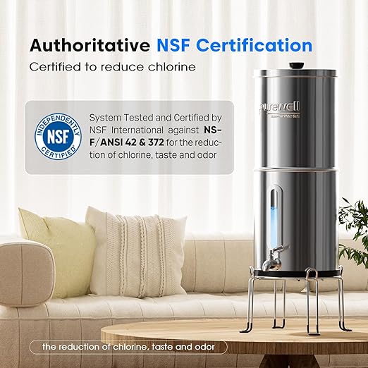 Purewell Upgraded 6-Stage 0.01μm Ultra-Filtration Gravity Water Filter System with Water Level Window, 304 Stainless Steel Countertop System with 2 Filters and Stand, Reduce 99% Chlorine, 2.25G, PW-FH