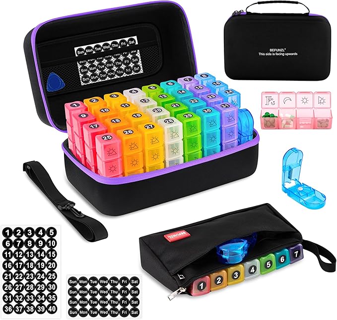 Monthly Pill Organizer, Medicine Organizer Box with Portable Hard Shell and Pill Cutter, 31 Day Pill Holder with Weekly Pill Bag (Purple, 4 Times a Day)