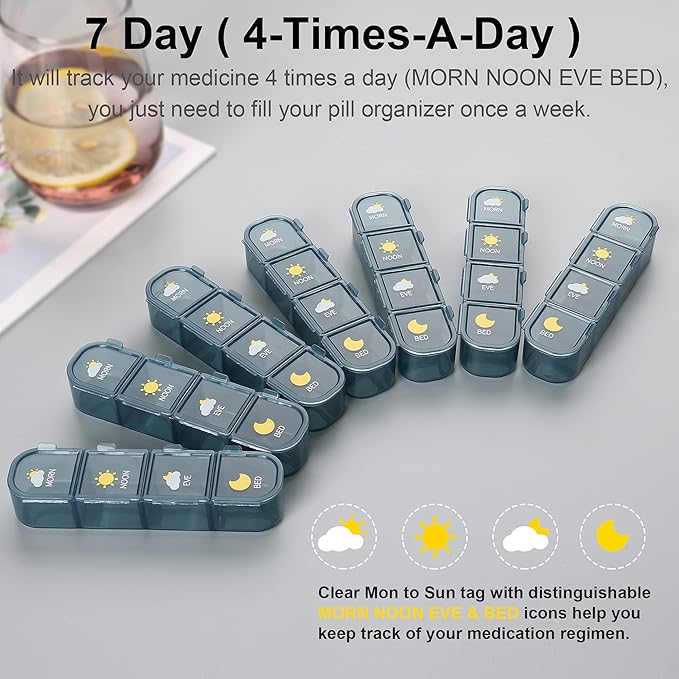 Pill Organizer 4 Times A Day, Pill Box 7 Day, Acedada Weekly (4X A Day) Travel Medicine Organizer Box, Large Pill Container Case Vitamins Holder Pill Dispenser, Blue