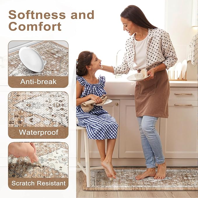 Collive Boho Kitchen Mats for Floor 2 Piece, Cushioned Anti Fatigue Mat Comfort Soft Standing Desk Carpet, Non Skid Wforaterproof Sink Rug for Home Office, Decor, 17.3"x29"+17.3"x47"