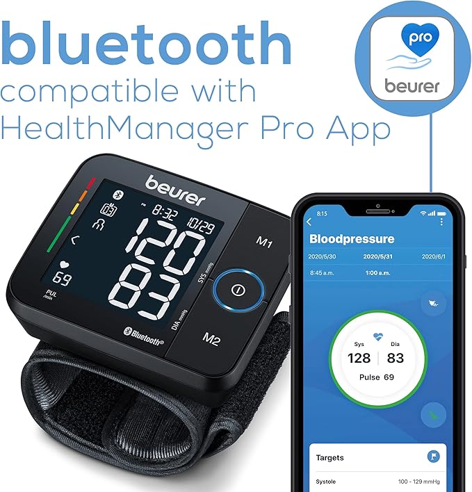 Beurer BC54 Wrist Blood Pressure Monitor with Bluetooth, Irregular Heartbeat Detector, Risk Indicator, Accurate Large Display, and Travel Case, Wrist Cuff up to 120 Memory Sets