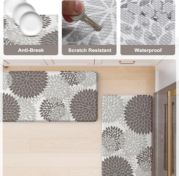 Anti Fatigue Kitchen Mats,Non Slip Boho Dahlia Kitchen Rugs Sets 2 Piece, Waterproof Farmhouse Kitchen Mat for Floor,Cushioned Standing Mat for Office,Laundry,Sink,Desk,Grey