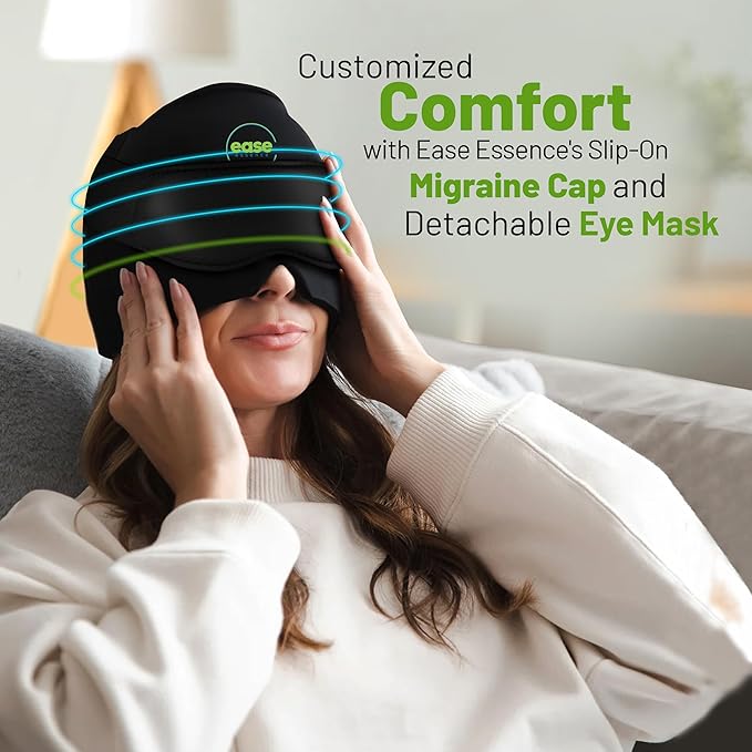 Headache Relief Cap - 2 in 1 Soothing Migraine Relief Cap with Detachable Eye Mask 20% Extra Gel - Headache Hat for Migraines - Cold Ice Head Wrap Products for Stress, Tension, Hangover & Puffy Eyes