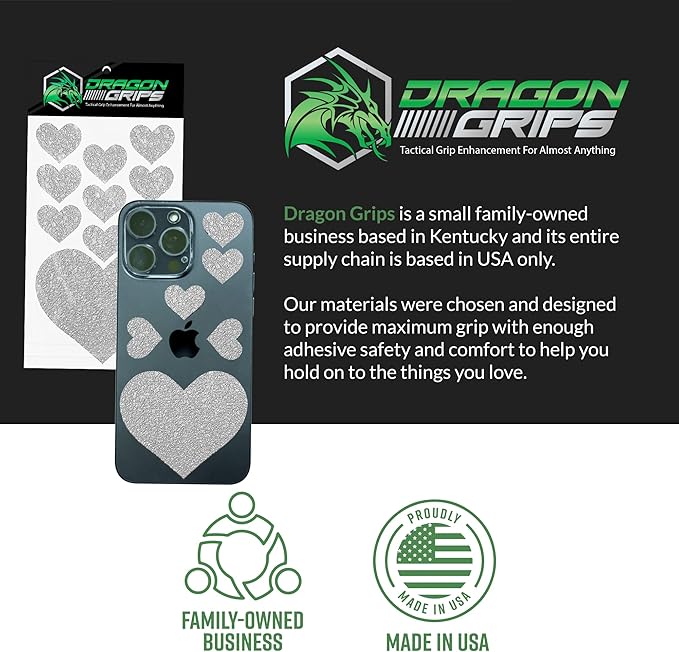 Dragon Grips Heart Stickers - 10 Pcs Clear Heart-Shaped Rubberized Grip Stickers - Waterproof, Multi-Purpose, Non-Slip, Textured Cell Phone Grip Tape for Laptop, Mouse, Tablet, iPad, iPhone Case