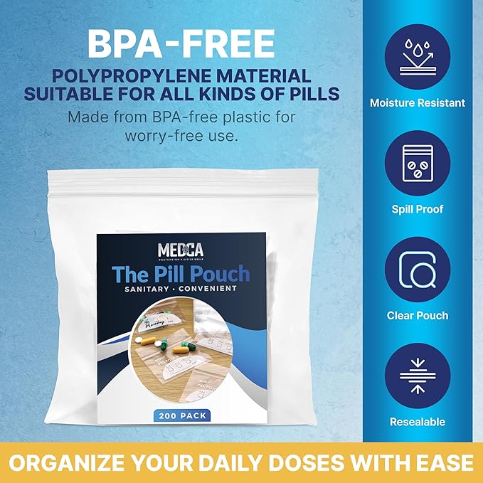 Pill Pouch Bags - (Pack of 200) 3" x 2.75" - BPA Free, Poly Bag Disposable Zipper Pills Baggies, Daily AM PM Travel Medicine Organizer Storage Pouches, Best Clear Reusable with Write-on Labels
